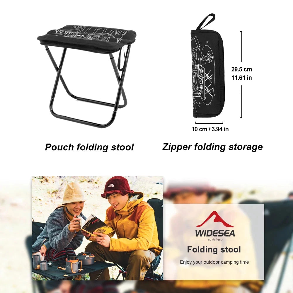 Lightweight portable folding camping stool featuring a compact design, shown alongside a carrying bag, suitable for travel and outdoor activities.