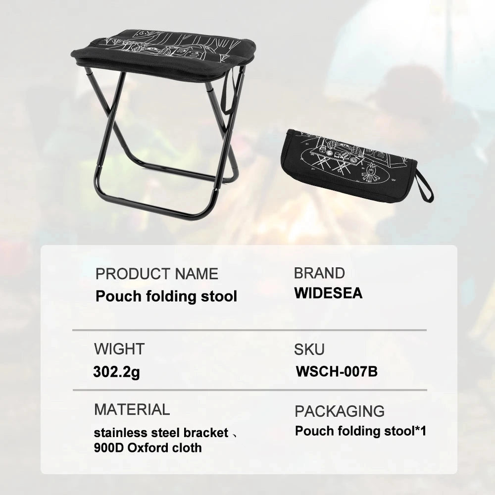 Lightweight portable folding camping stool with a compact design, featuring a sturdy metal frame and rectangular seat.