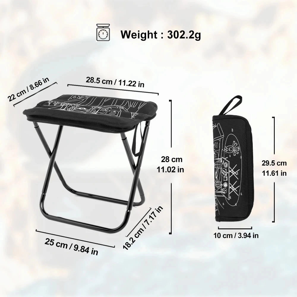 A lightweight portable folding camping stool with a compact design, ideal for travel. The stool is shown folded for easy storage and transport.