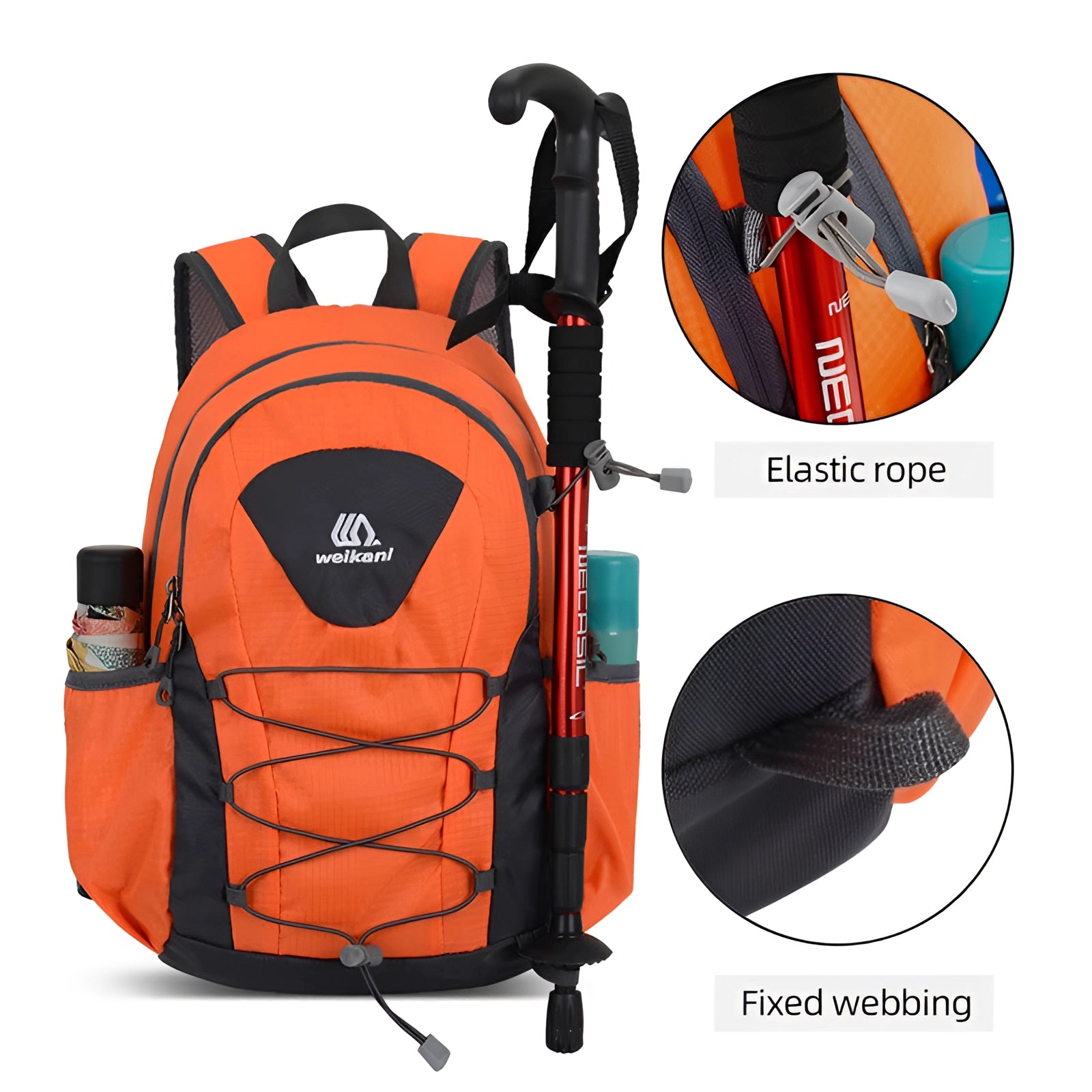 Lightweight orange unisex outdoor backpack featuring a water-resistant design with multiple compartments, showcasing a stylish logo on the front.