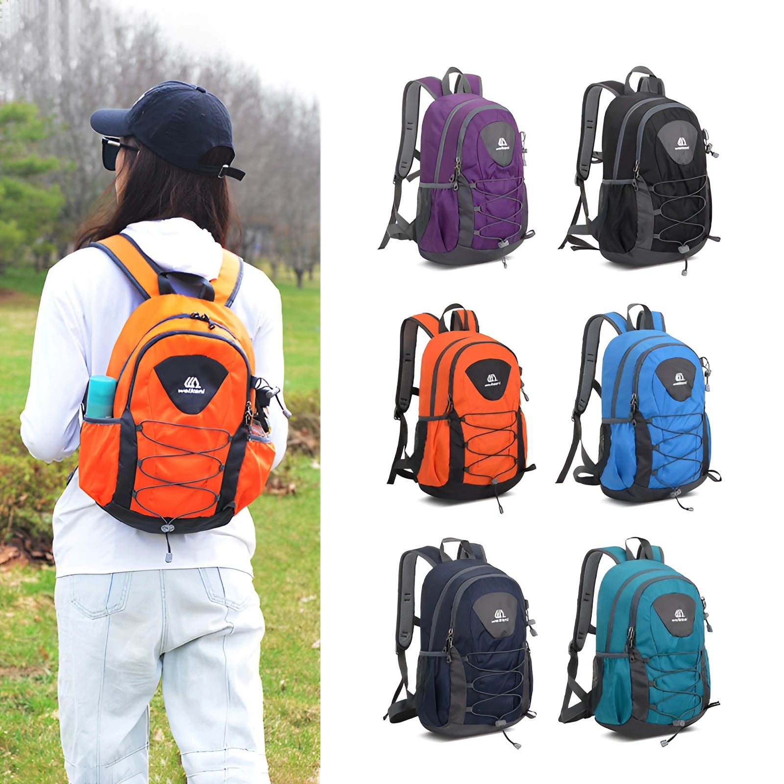 Lightweight unisex outdoor backpack in green, featuring multiple compartments, displayed against a white background. The backpack is water-resistant and suitable for travel and outdoor activities.