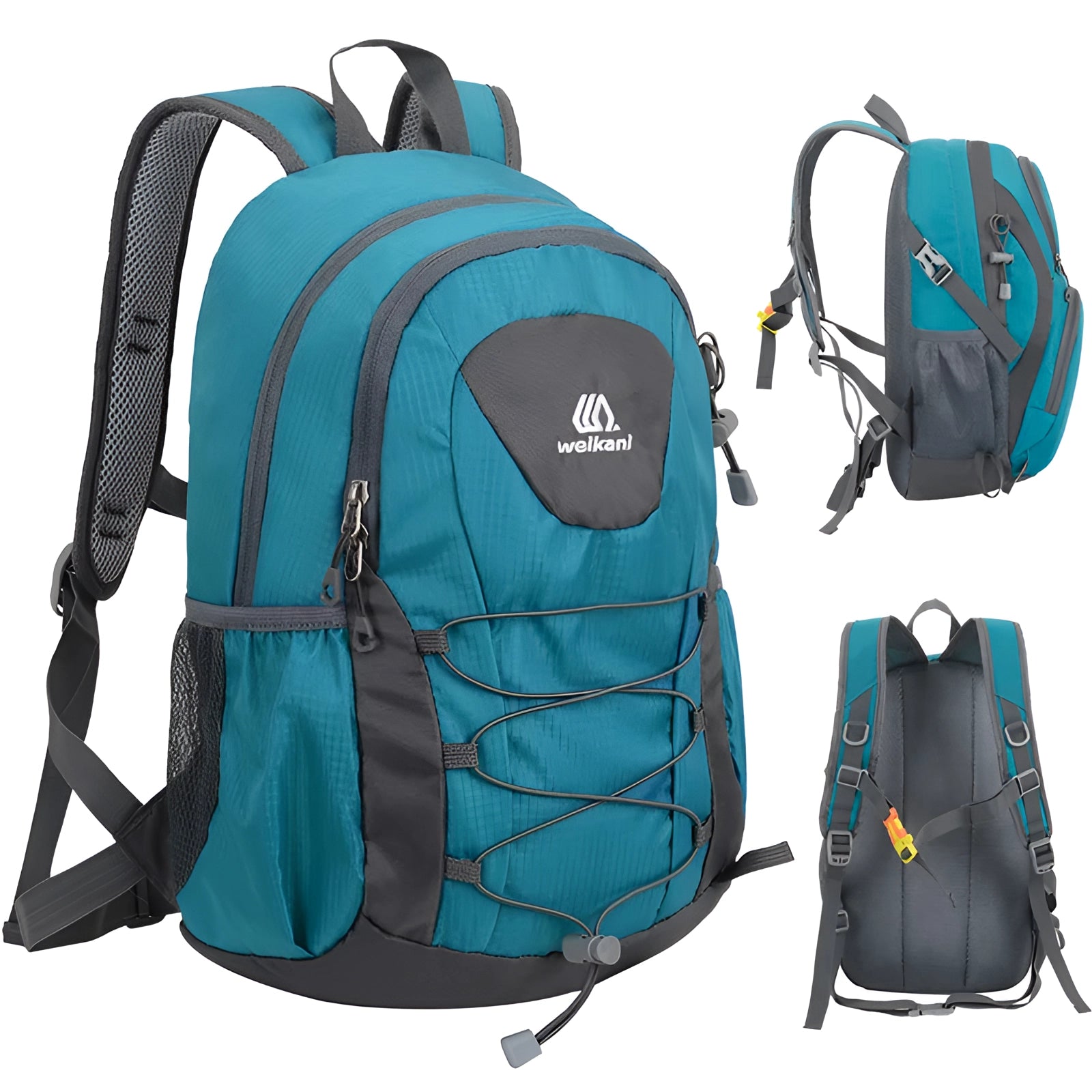 Lightweight unisex outdoor backpack in shades of blue, featuring multiple compartments and made from water-resistant material.