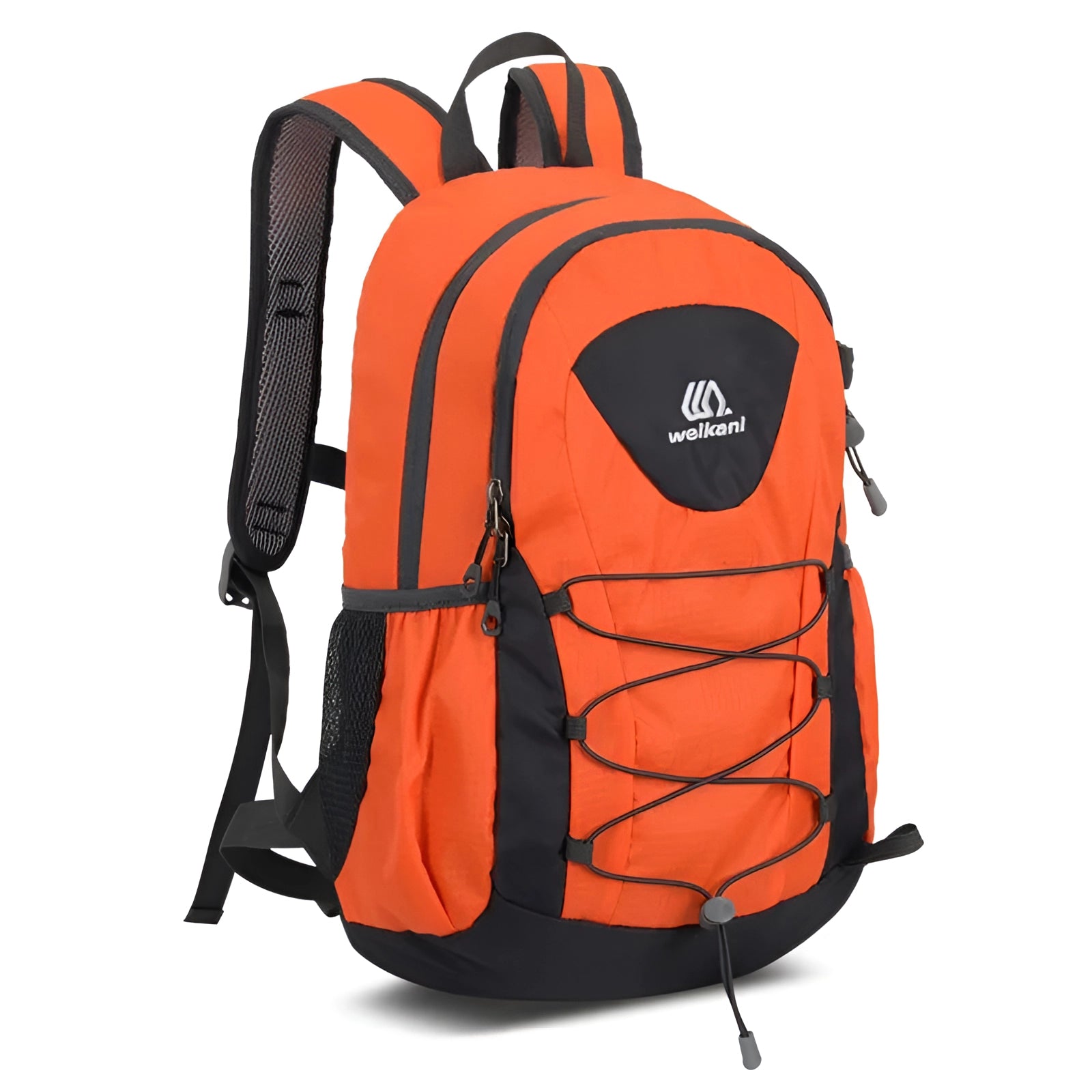 Orange lightweight unisex outdoor backpack with multiple compartments, designed to be water-resistant, suitable for sports gear and outdoor activities.