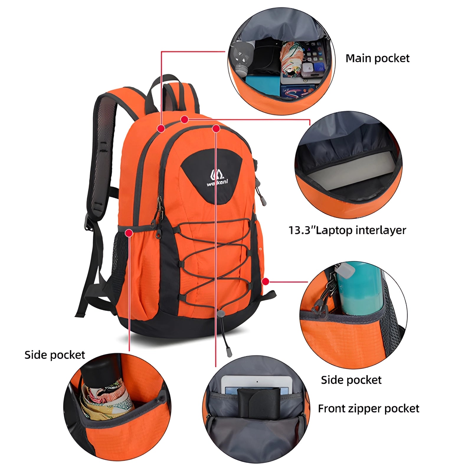 Lightweight orange unisex outdoor backpack with multiple compartments and water-resistant material, suitable for sports and travel activities.