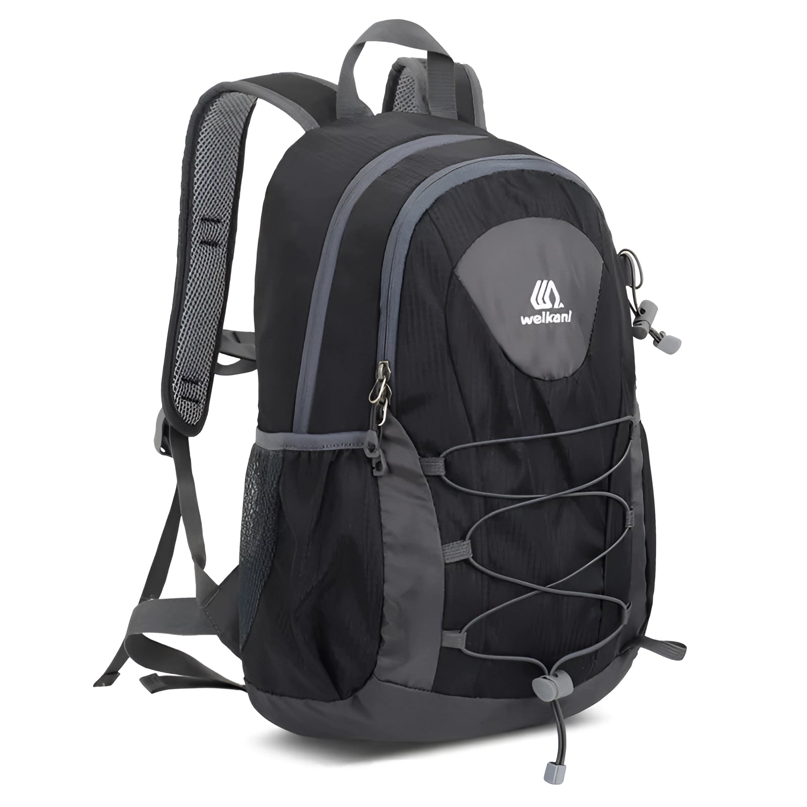 Lightweight unisex black outdoor backpack featuring multiple compartments, designed for water resistance and ideal for travel or outdoor activities.