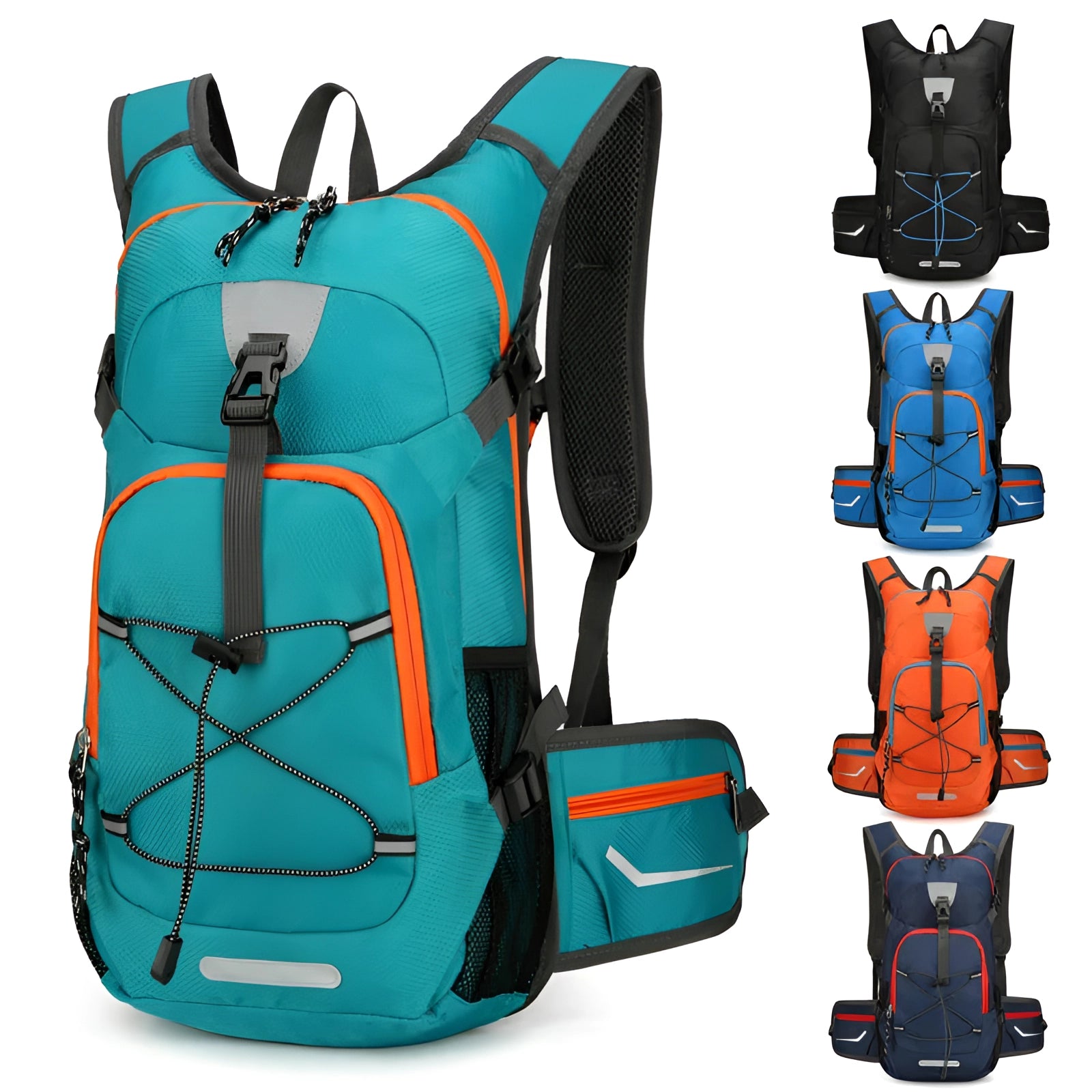 Blue and green lightweight water-resistant hiking backpack with ventilated back, featuring adjustable straps and spacious compartments, suitable for outdoor activities.