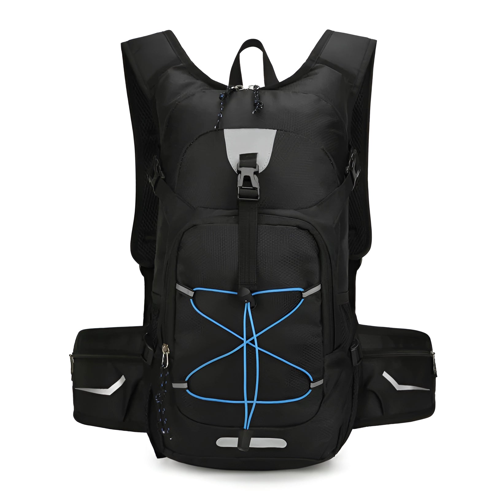 Black lightweight water-resistant hiking backpack with a ventilated back, featuring a sleek design and logo on the front, suitable for outdoor activities and sports.