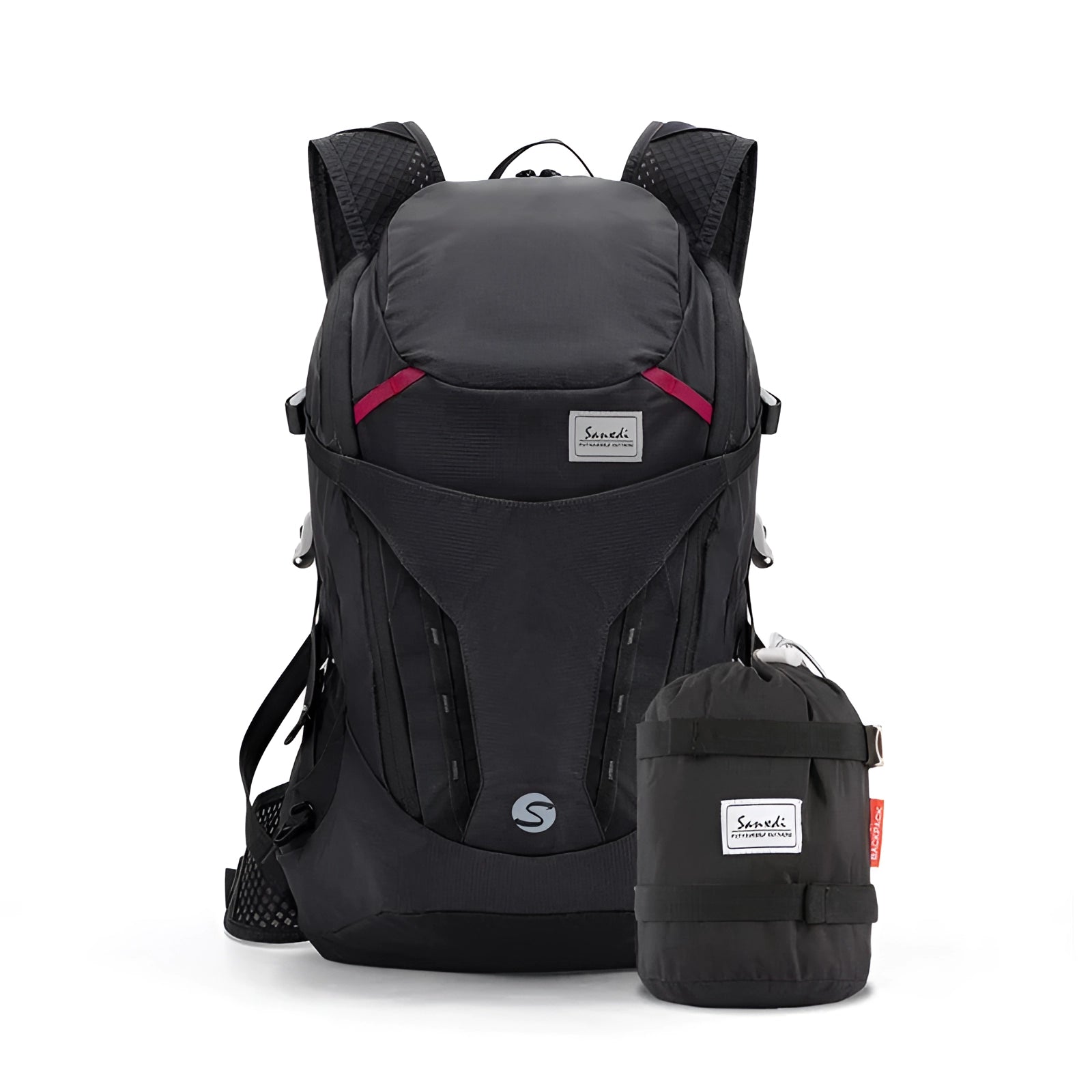 Lightweight water-resistant Scione backpack in black, designed for travel and adventure, featuring a sleek and modern design.