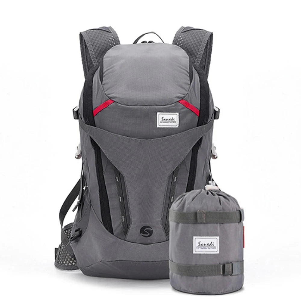 Lightweight grey Scione backpack designed for travel and adventure, featuring water-resistant material and multiple compartments.