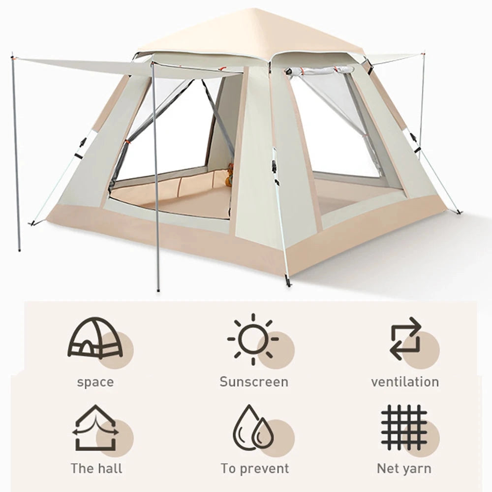 Luxury family glamping tent with a triangular roof, featuring weather-resistant materials, spacious interior, eco-friendly design, and wooden structural elements.