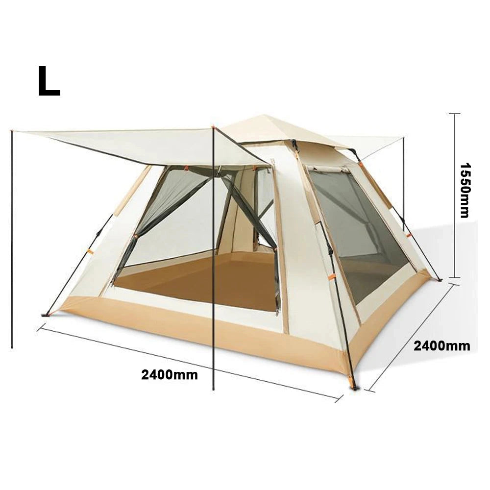 Luxury family glamping tent set up in an outdoor environment, showcasing its spacious and weather-resistant design with eco-friendly materials.