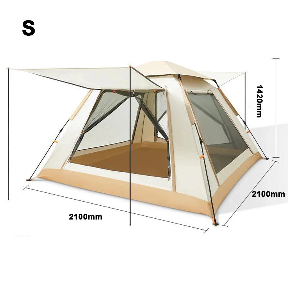 Luxury family glamping tent set up outdoors, showcasing its spacious and weather-resistant design, with a triangular roof and eco-friendly materials.