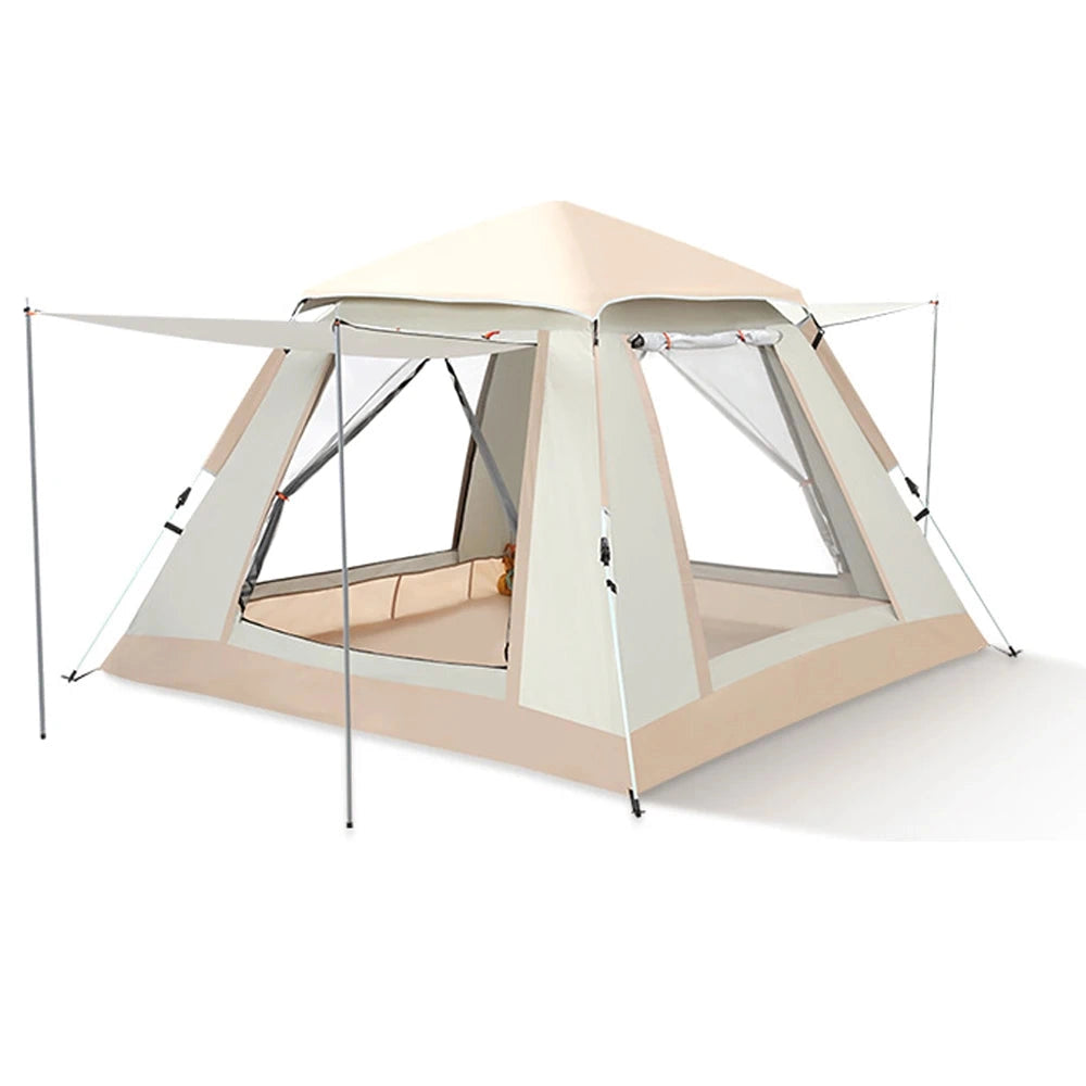 A spacious, eco-friendly luxury family glamping tent with a weather-resistant exterior, featuring a pyramid-like roof structure and wooden supports.