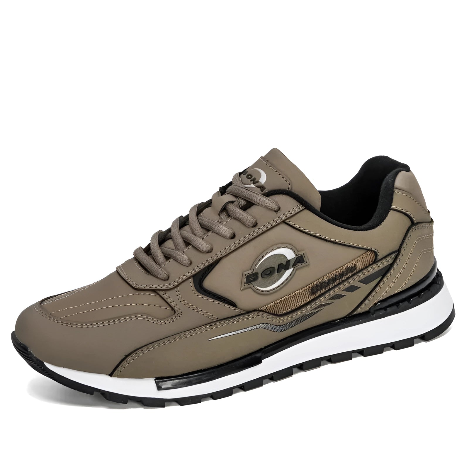 Men's beige running sneakers designed for comfort, featuring a low-top silhouette, ideal for athletic activities and walking.