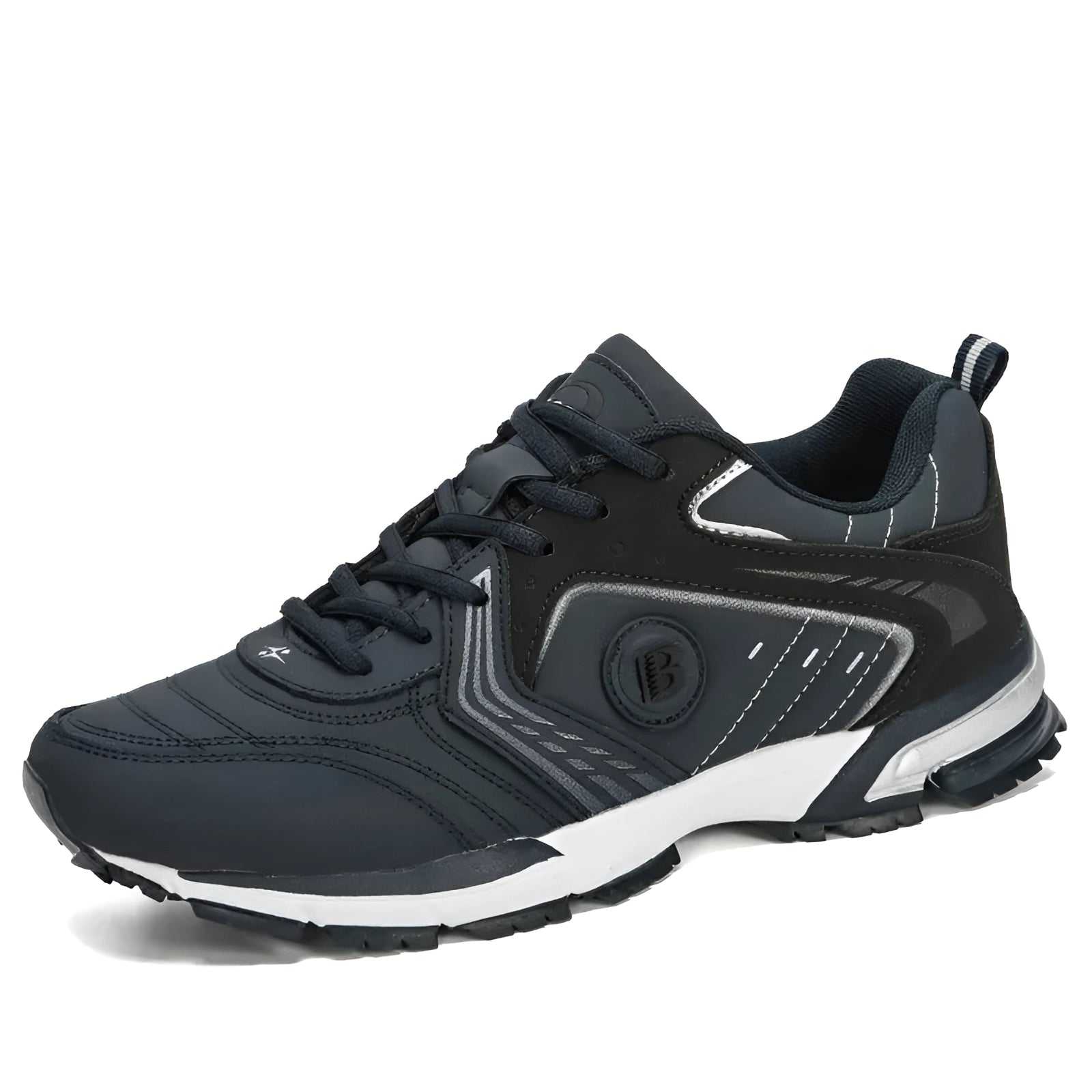 Men's deep blue cushioned running shoes, featuring a breathable and durable design, displayed from the side showing the sneaker style and athletic appearance.