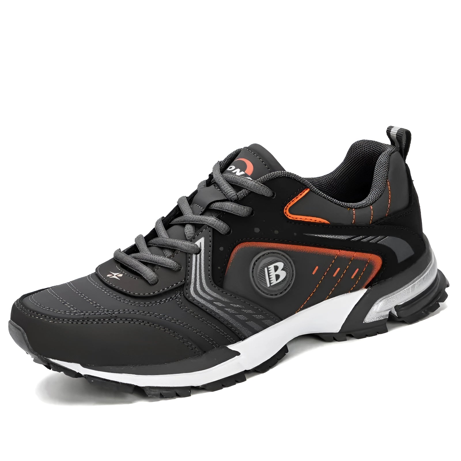 Men's dark grey and orange cushioned running shoes designed for breathability and durability, ideal for outdoor activities and cross training.