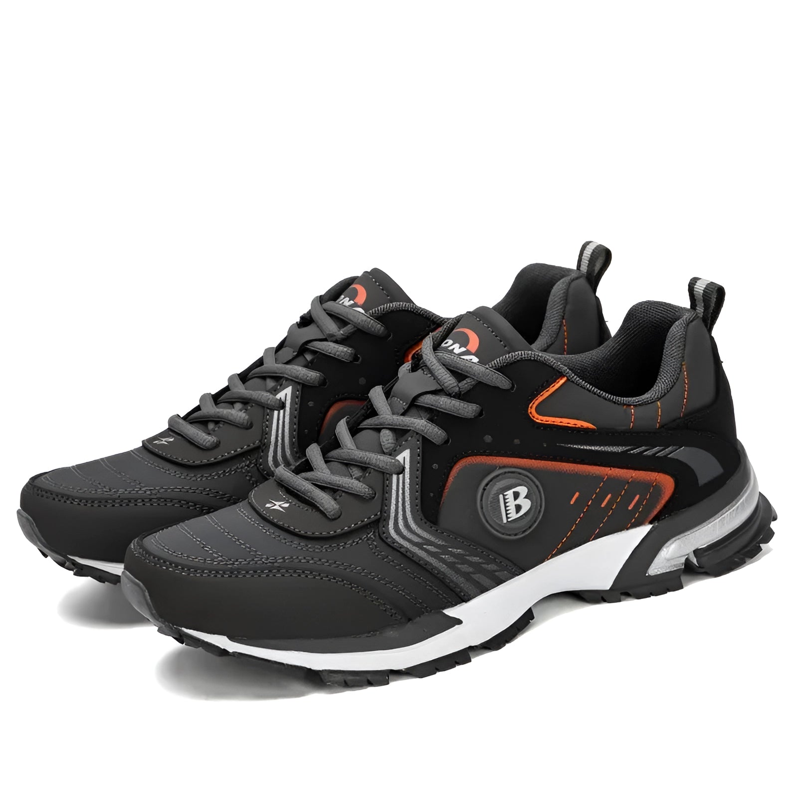 Men's black cushioned running shoes with durable and breathable design, suitable for outdoor activities and cross training.