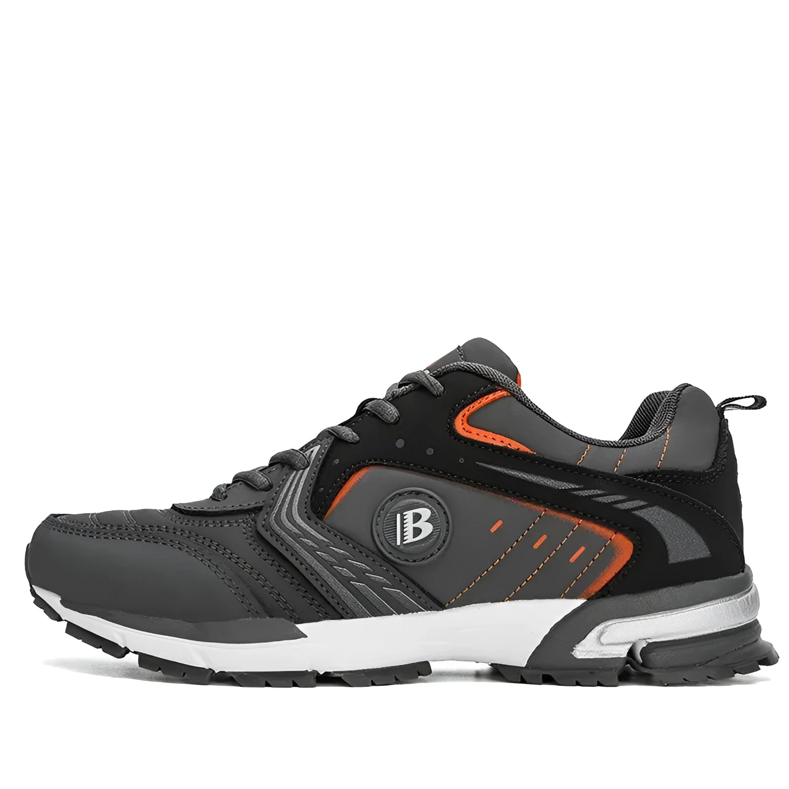 Men's black cushioned running shoes designed for breathability and durability, showcasing a sleek and athletic style suitable for outdoor activities.