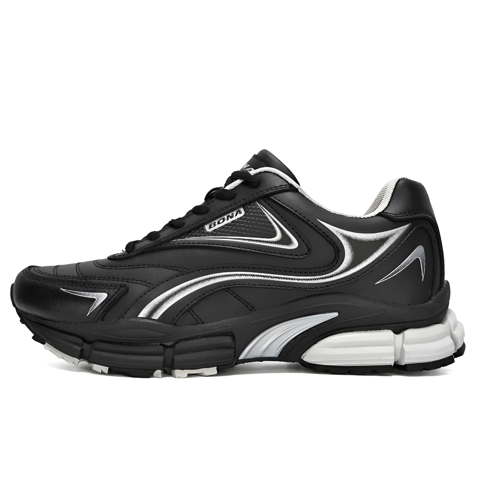 Men's black running sneakers designed for durability, featuring cushioned soles and a lightweight construction, suitable for sportswear and outdoor activities.