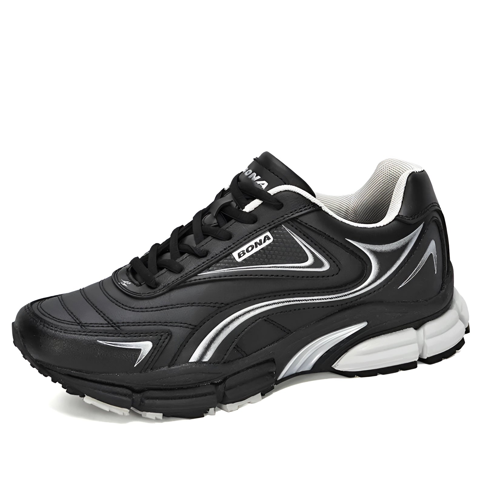 Men's black running sneakers designed for durability and comfort, featuring a cushioned sole and lightweight construction, suitable for outdoor sports and walking.