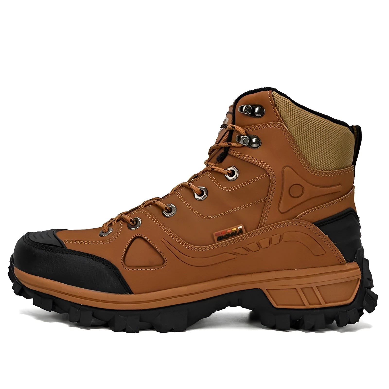 Men's brown leather waterproof hiking boots with durable construction and ankle support, designed for outdoor walking and sporting activities.