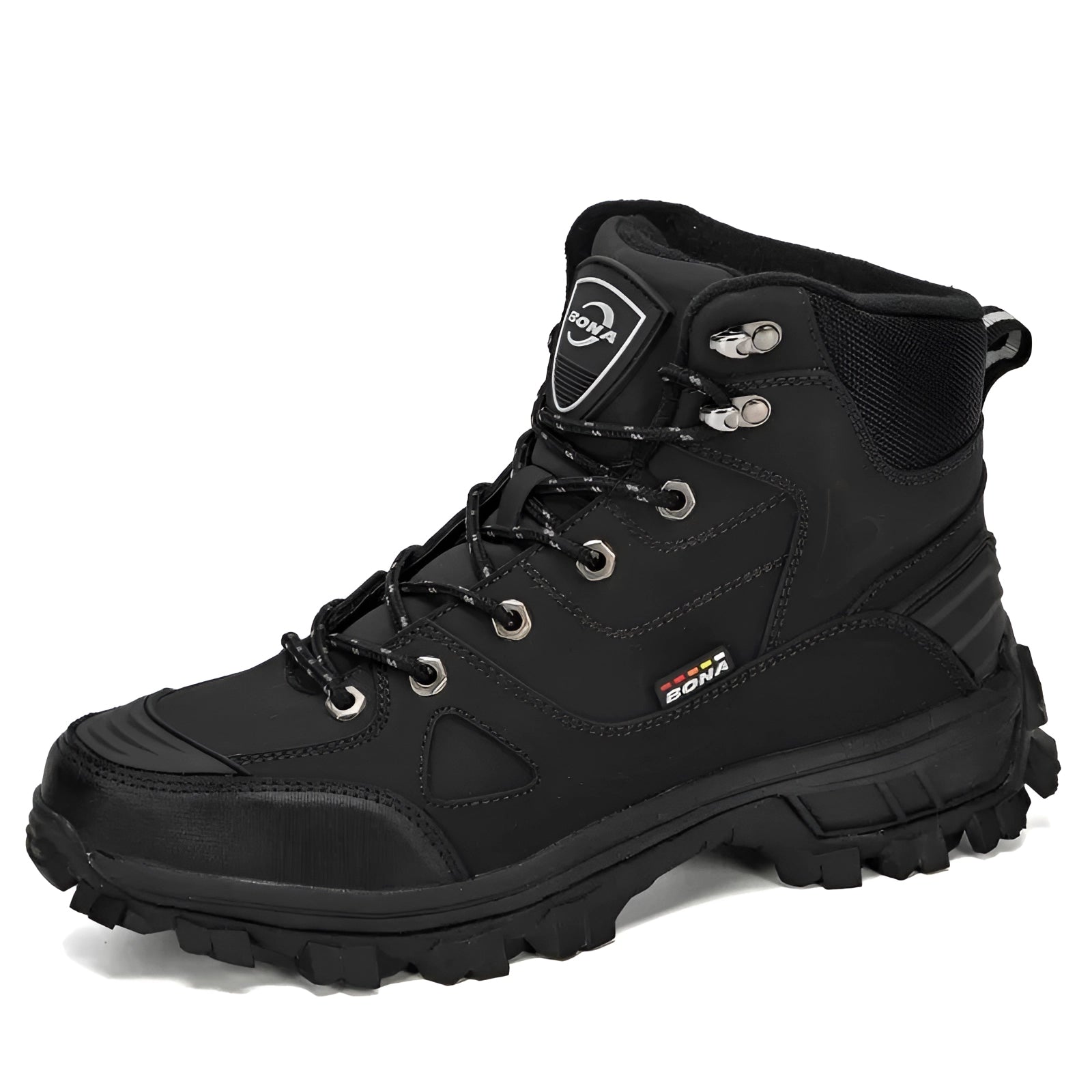 Men's charcoal grey leather waterproof hiking boots, size 43, designed for durability and ankle support, featuring an athletic and fashion-forward design.