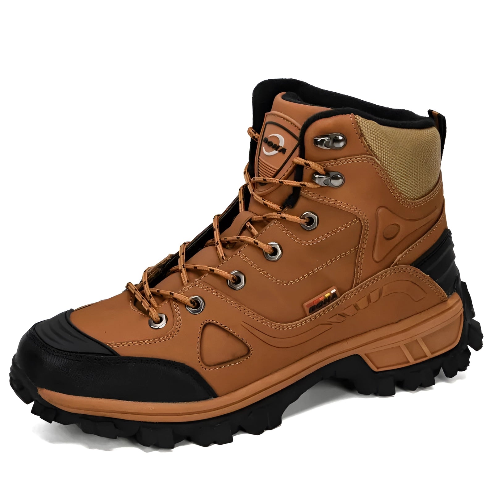 Men's light brown leather waterproof hiking boots with durable construction and ankle support, designed for outdoor activities and sports.