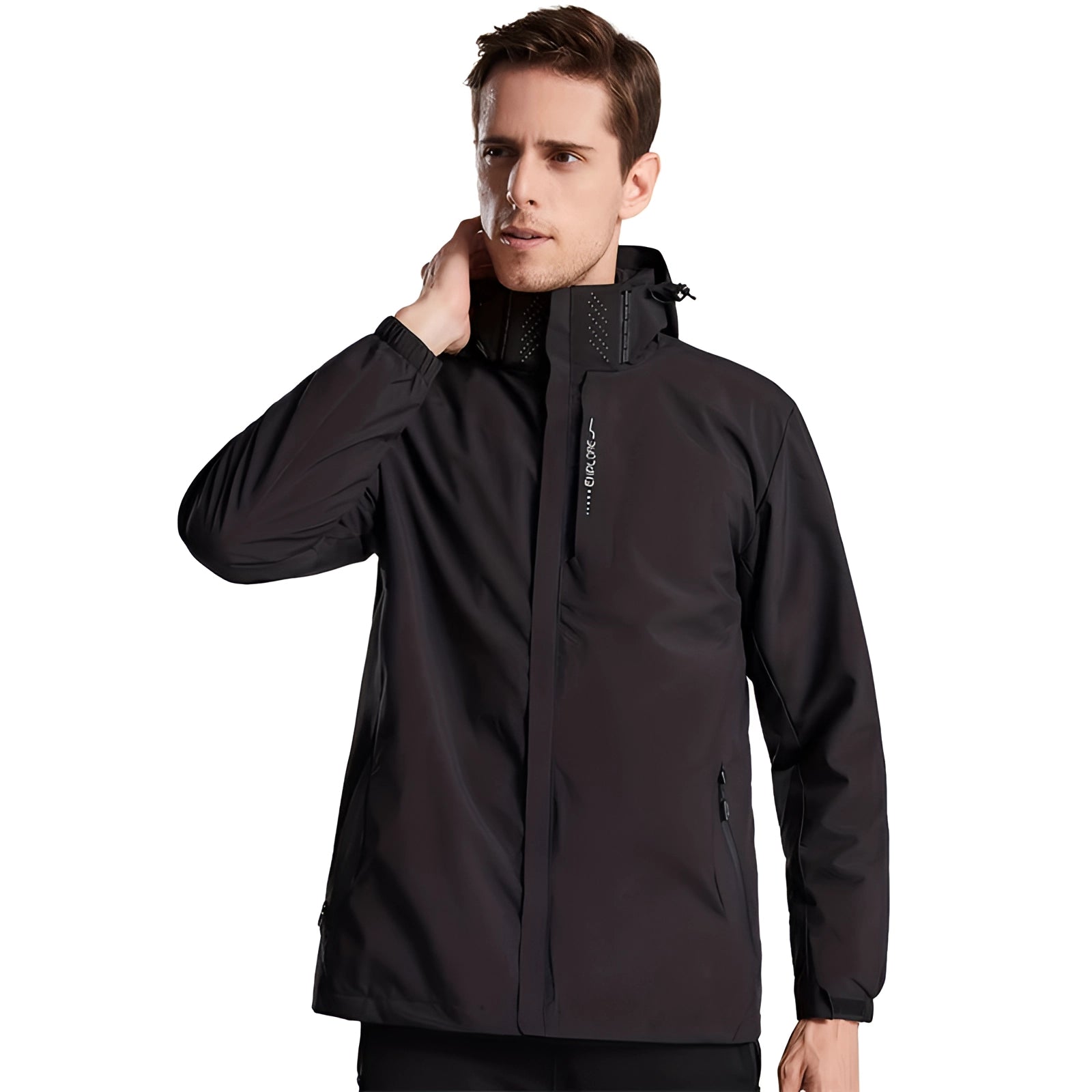 Men's waterproof windproof outdoor jacket with hood, featuring zippered pockets, shown on a model with arms and neck visible, wearing a dress shirt underneath.