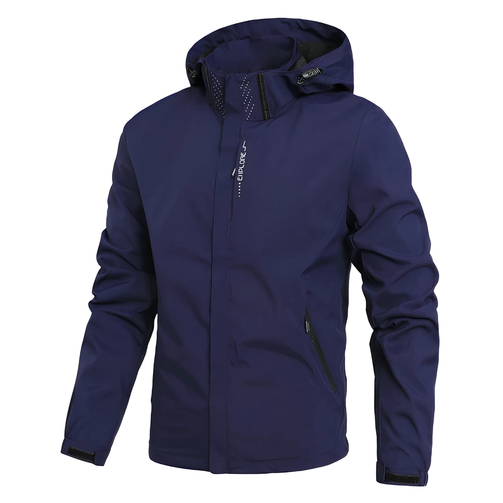 Men's dark blue waterproof windproof outdoor jacket with hood, zippered pockets, and long sleeves in XXL size.