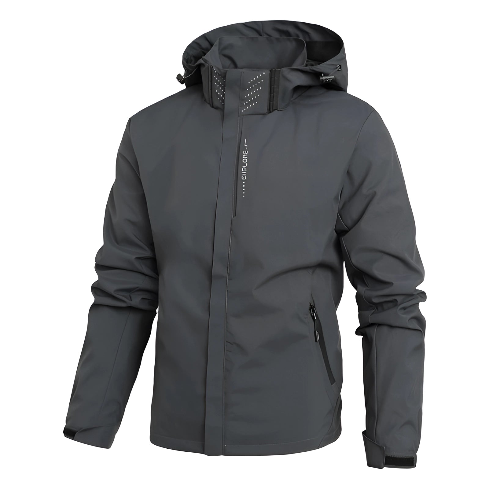 Men's dark grey waterproof and windproof outdoor jacket with a hood, zippered pockets, long sleeves, and a high collar, size XXXL for 75-80KG.