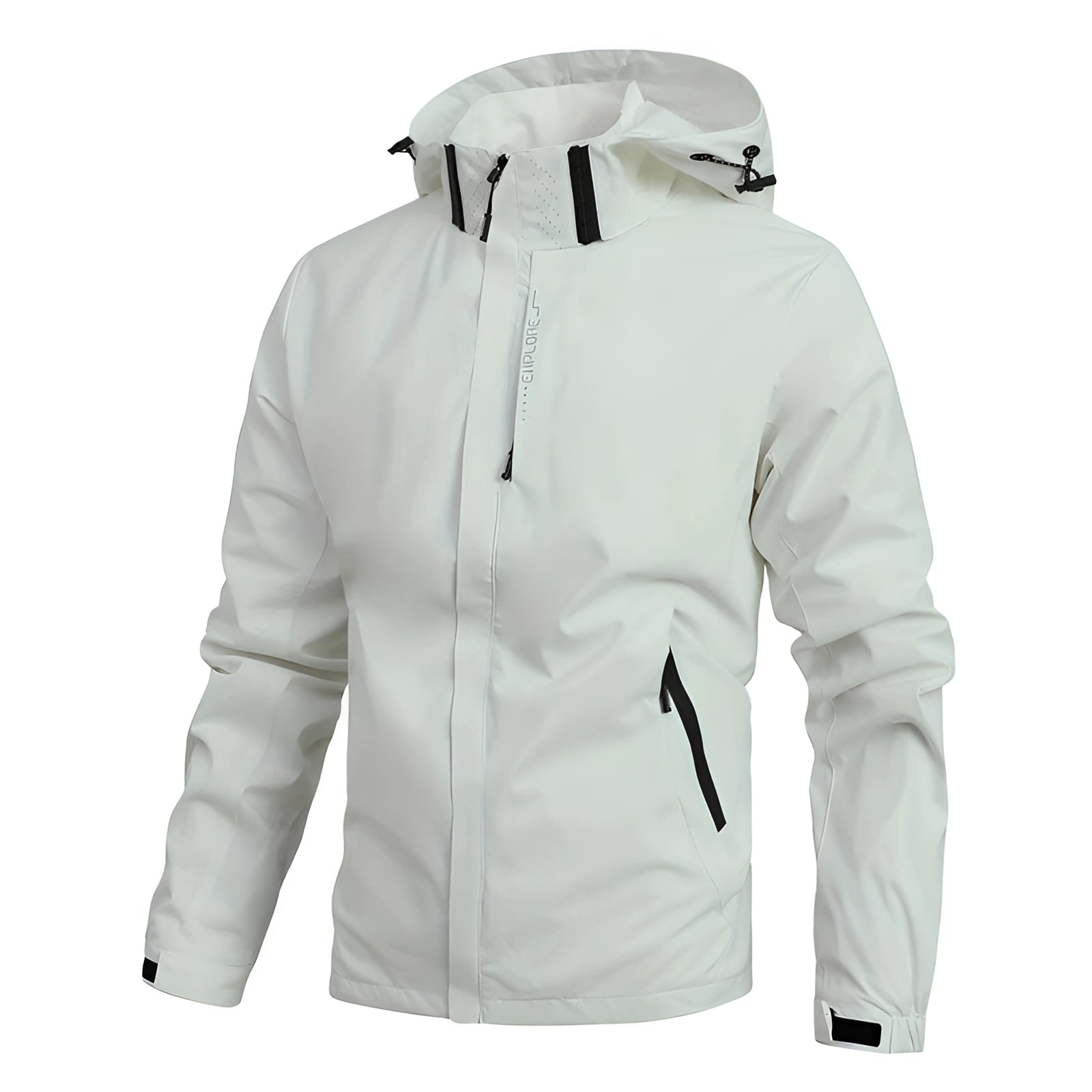 Men's ivory white waterproof and windproof outdoor jacket with hood, zippered pockets, medium size suitable for 50-55KG, featuring long sleeves and a high collar.