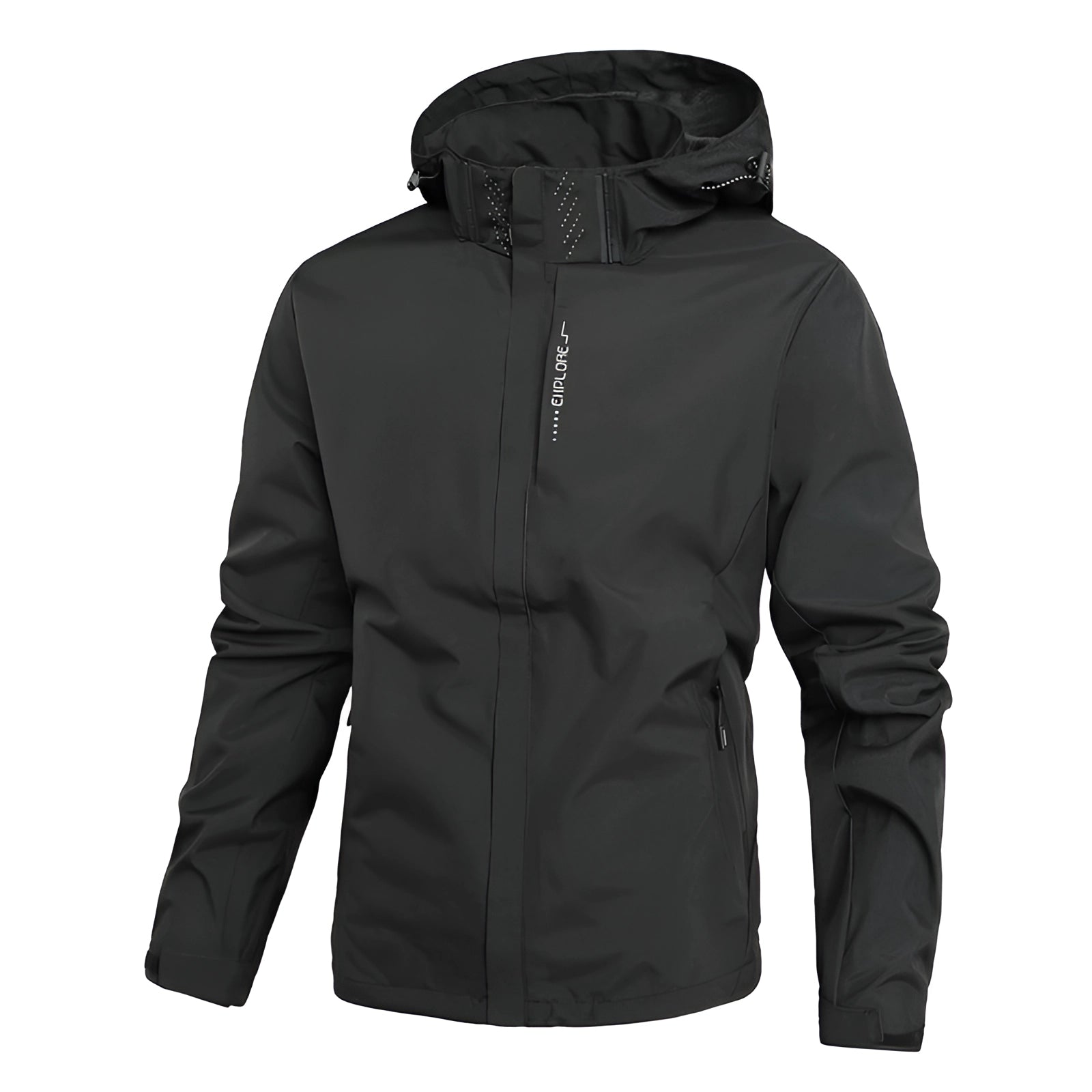 Men's black waterproof and windproof outdoor jacket with hood, zippered pockets, long sleeves, and collar, shown in size 5XL.