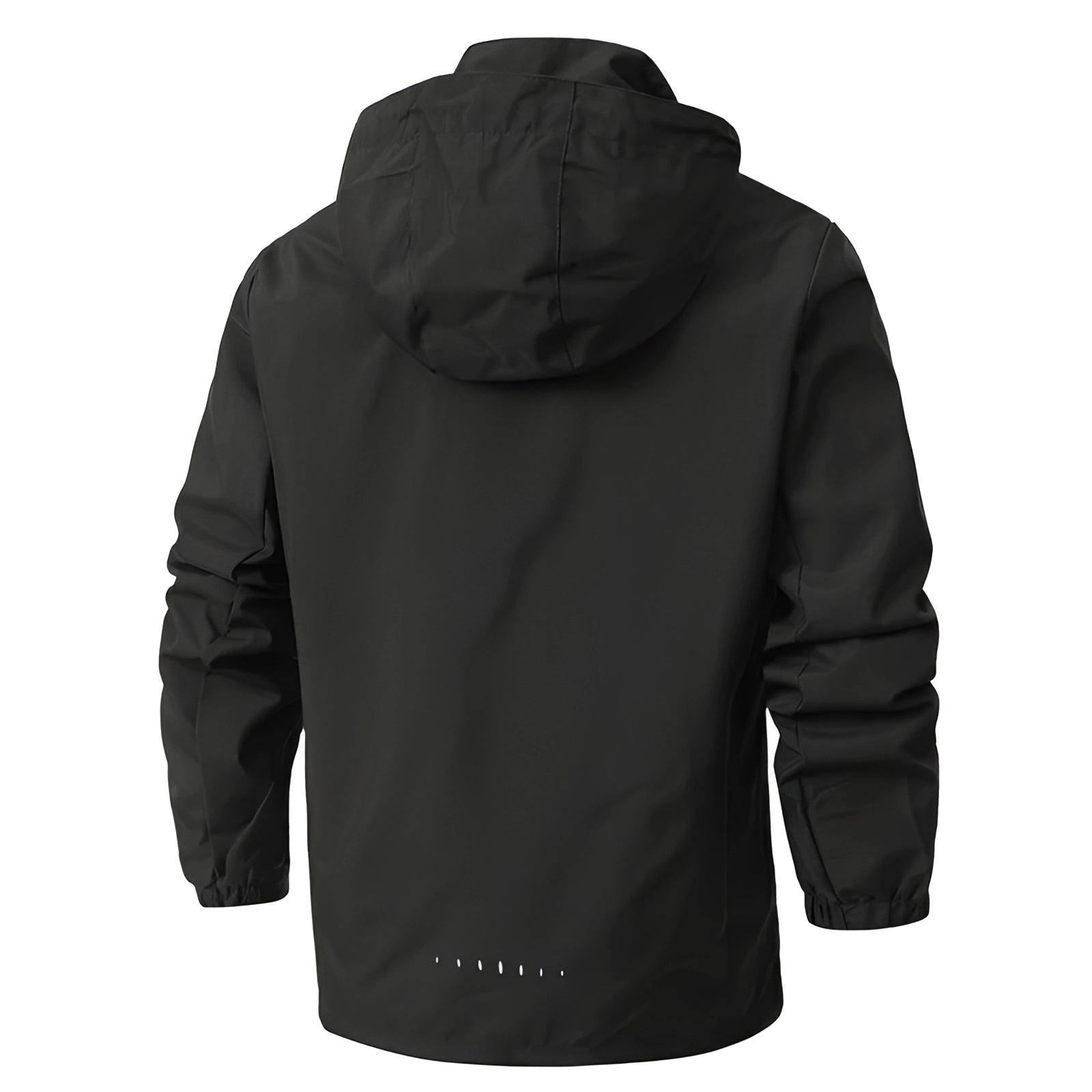 Men's grey waterproof windproof outdoor jacket with hood, zippered pockets, long sleeves, and high collar.