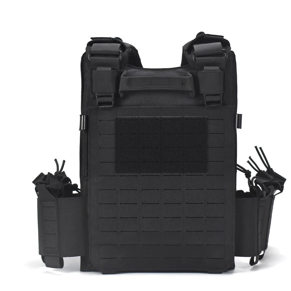 Military-grade black tactical backpack with MOLLE system, featuring water-resistant material, sturdy straps, multiple compartments, and a rectangular shape suitable for outdoor and tactical use.