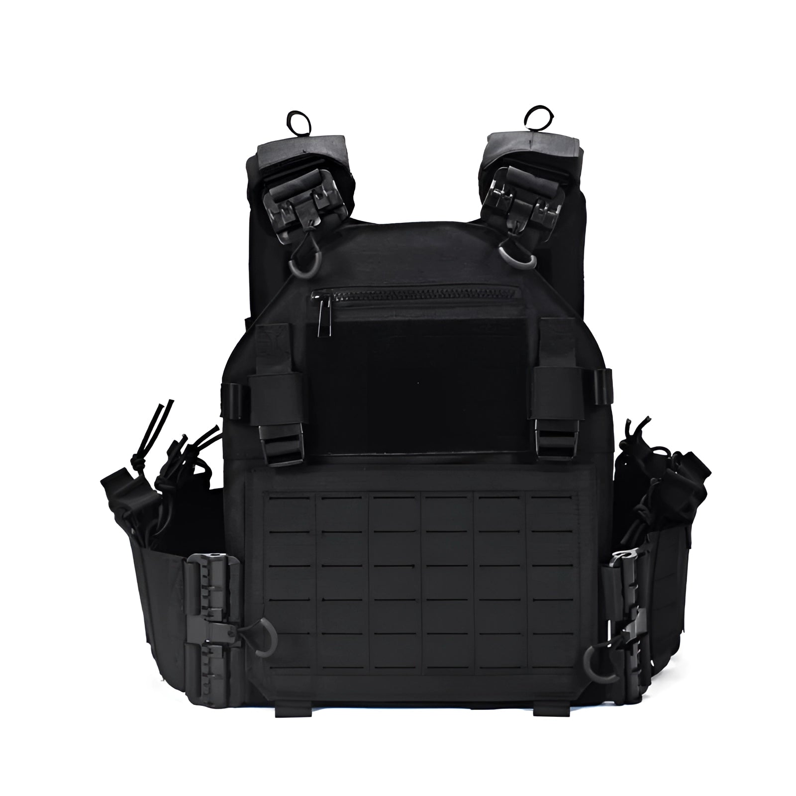 Military-grade black tactical backpack featuring a MOLLE system, designed for water resistance.