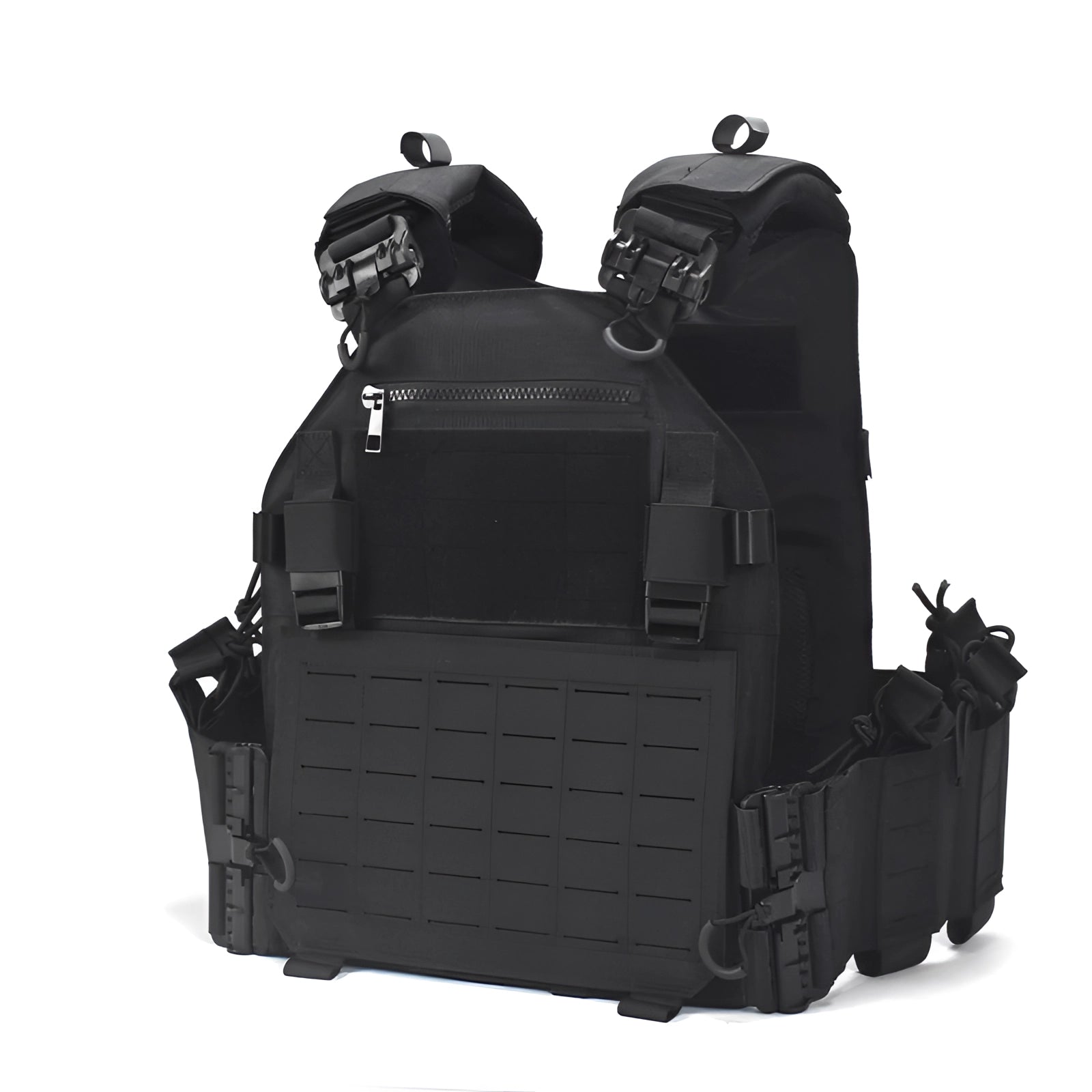 Black tactical backpack with MOLLE webbing, designed for military use, featuring water-resistant material and multiple compartments for carrying camera and video equipment.