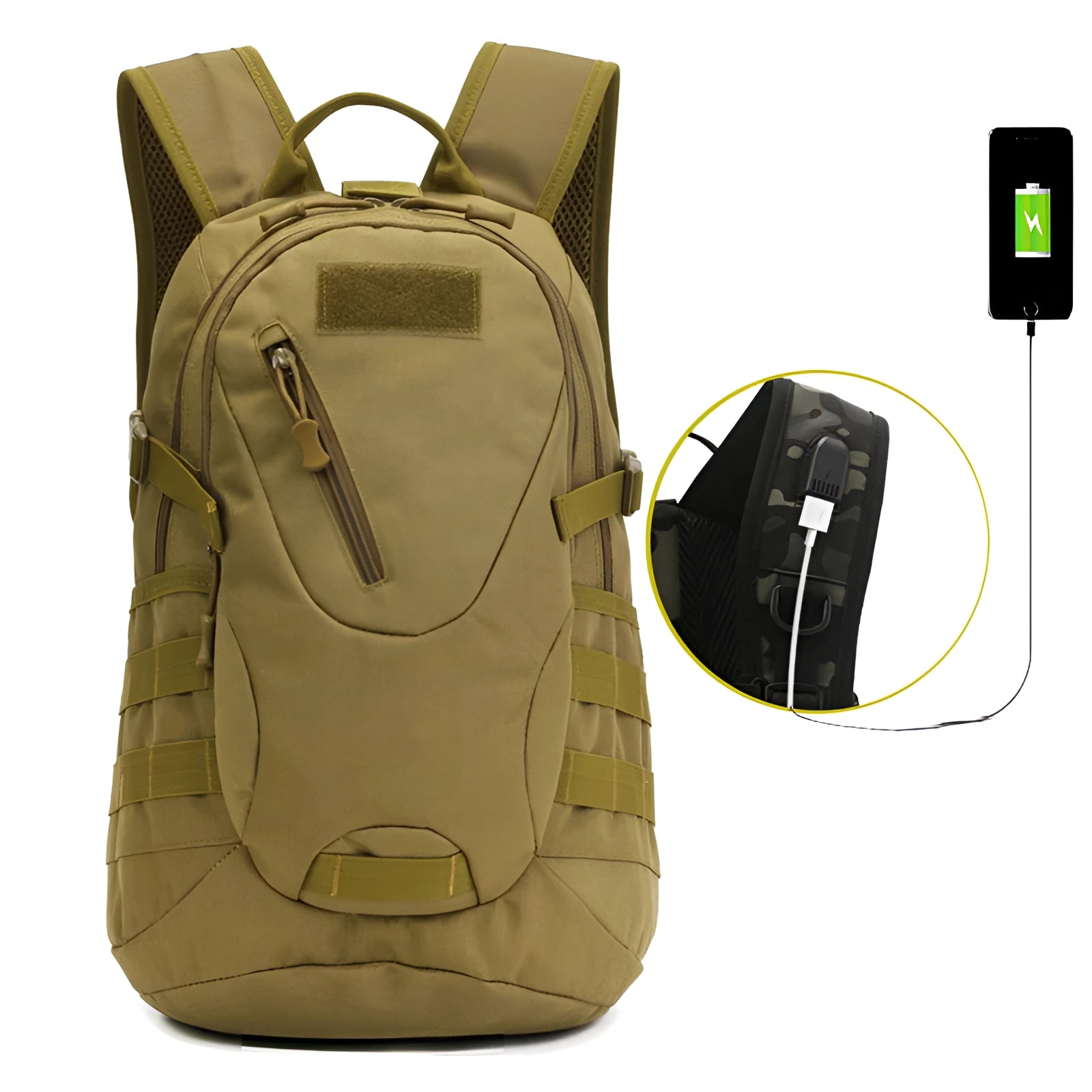 Durable military-grade tactical backpack in a grey and khaki color, featuring multiple compartments and a built-in USB charger, suitable for outdoor activities.