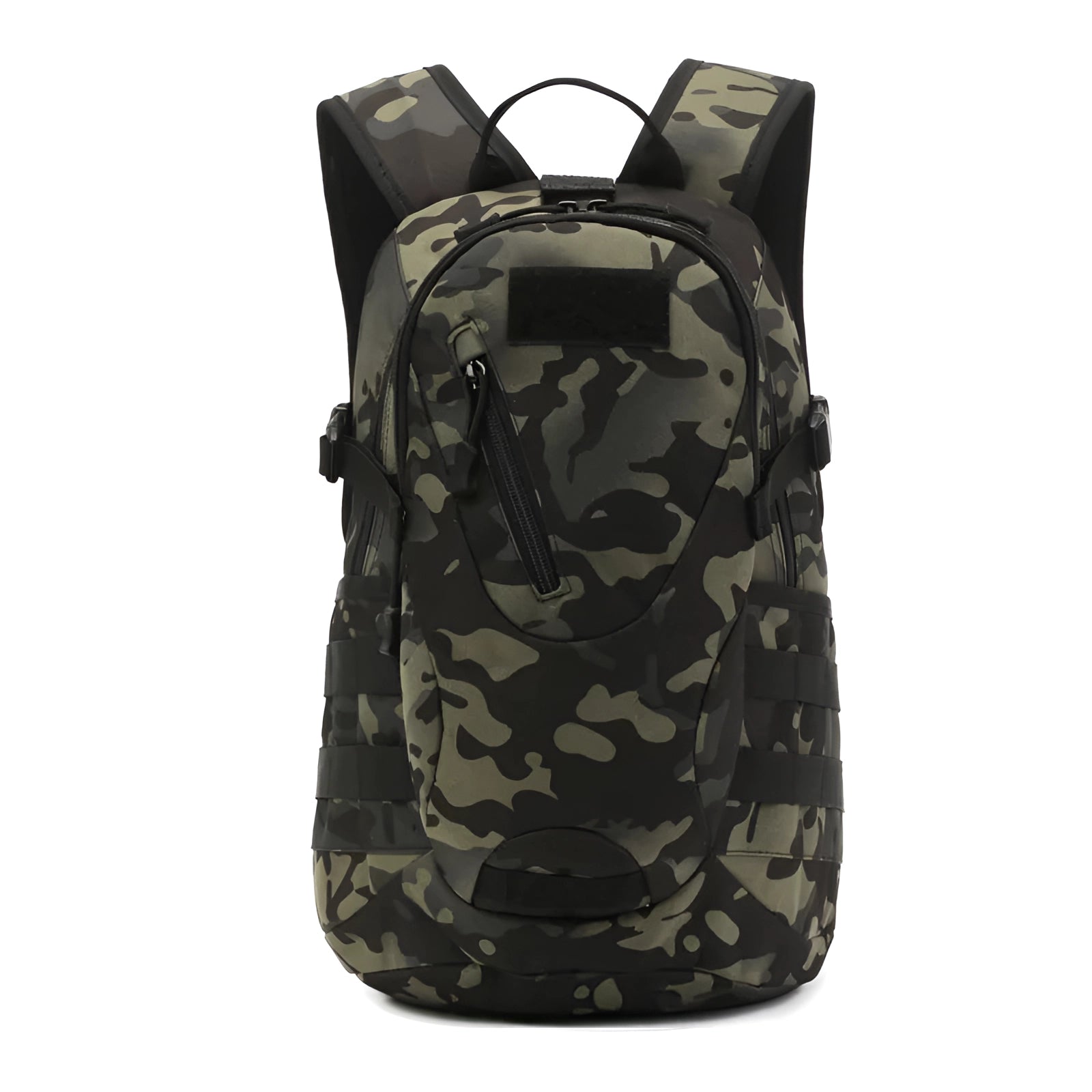 Military-grade tactical backpack in a black CP camouflage pattern, featuring durable fabric, multiple compartments, and a built-in USB charger, ideal for outdoor use and everyday carry.