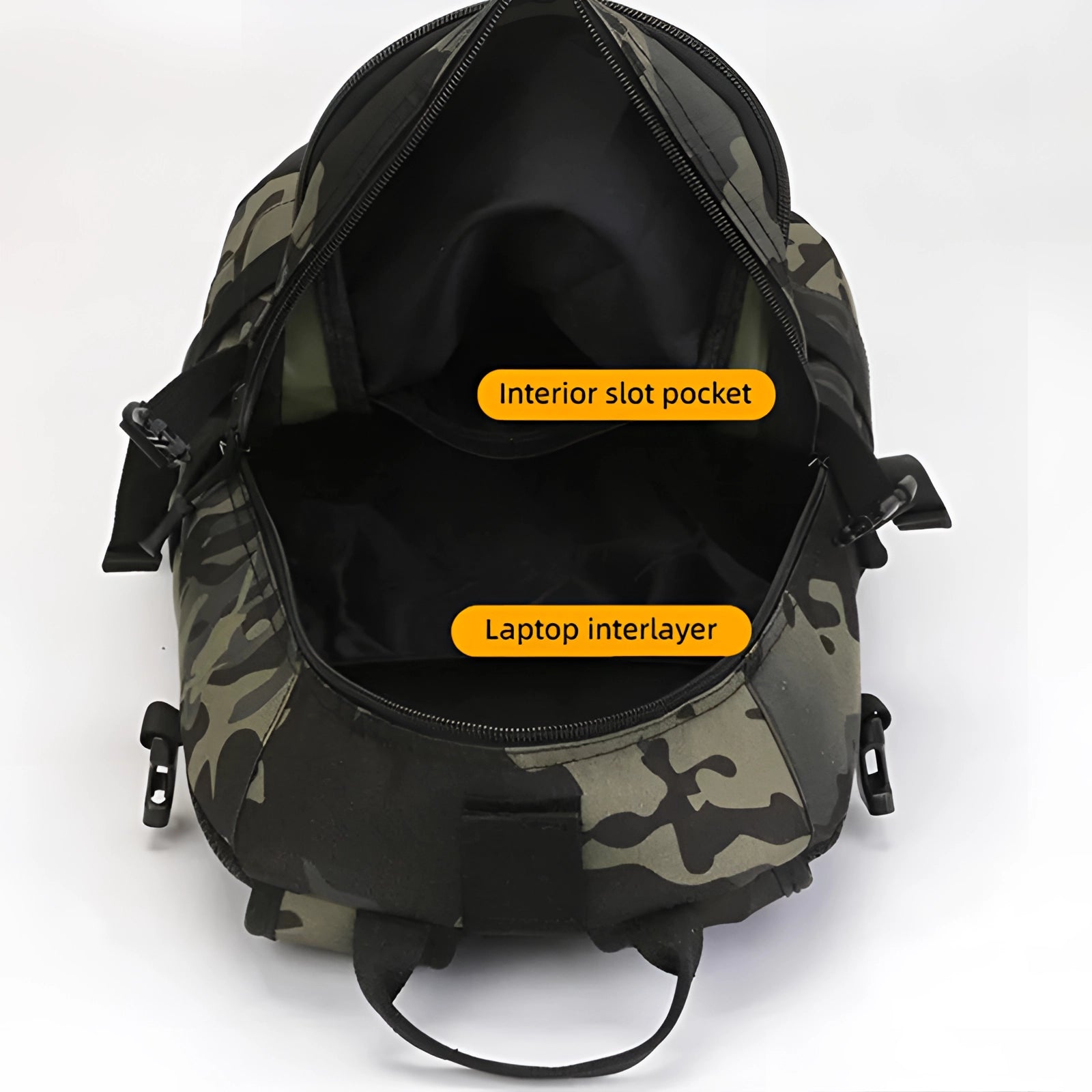 Durable military-grade tactical backpack with USB charger, designed for outdoor use.