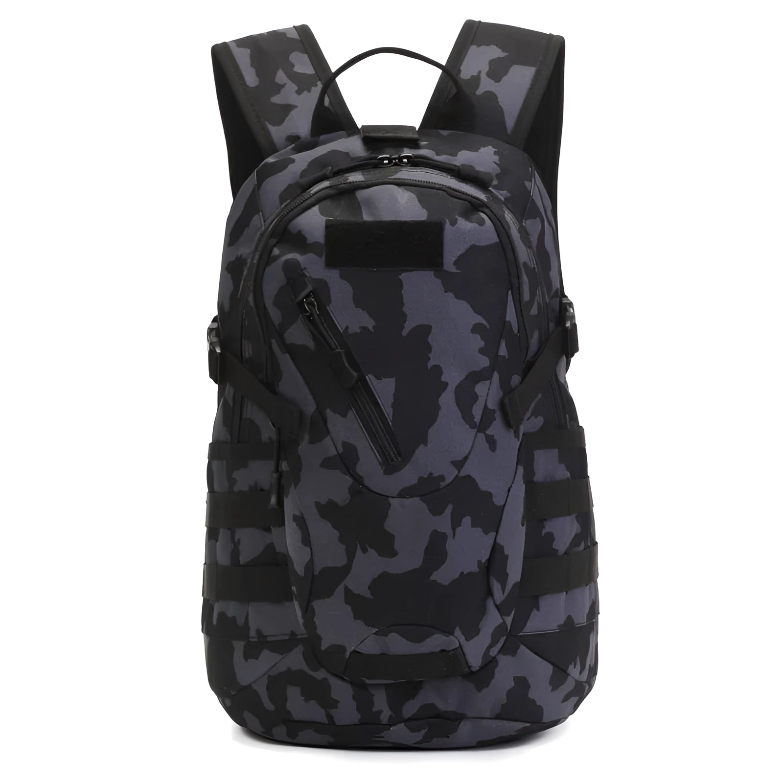 Black camo military-grade tactical backpack with USB charger, designed for durability and outdoor use, featuring a patterned exterior and metal accents.