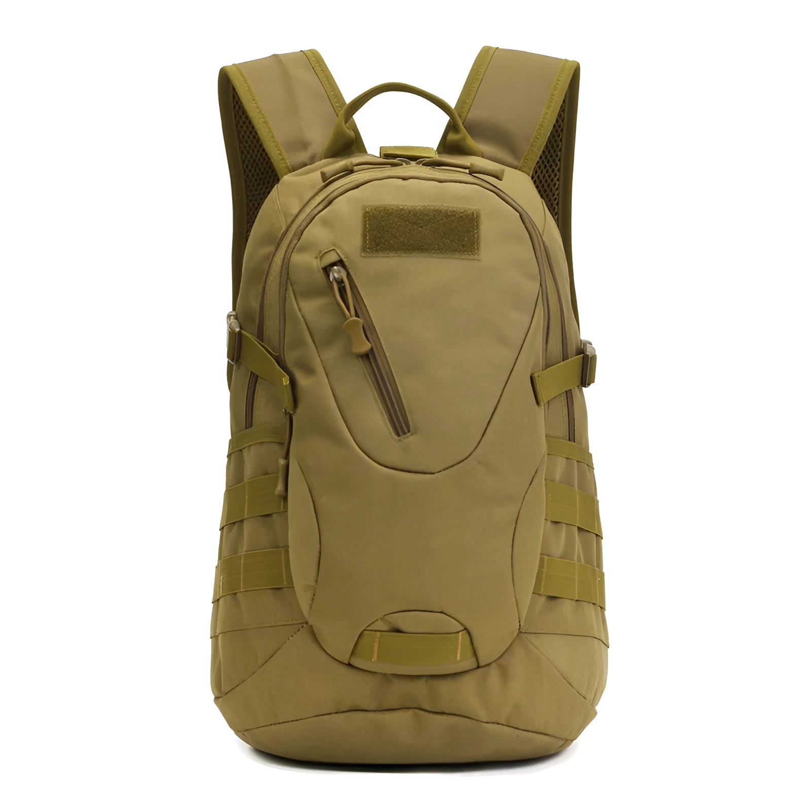 Military-grade khaki tactical backpack with USB charger, featuring durable construction and multiple compartments, designed for outdoor use.