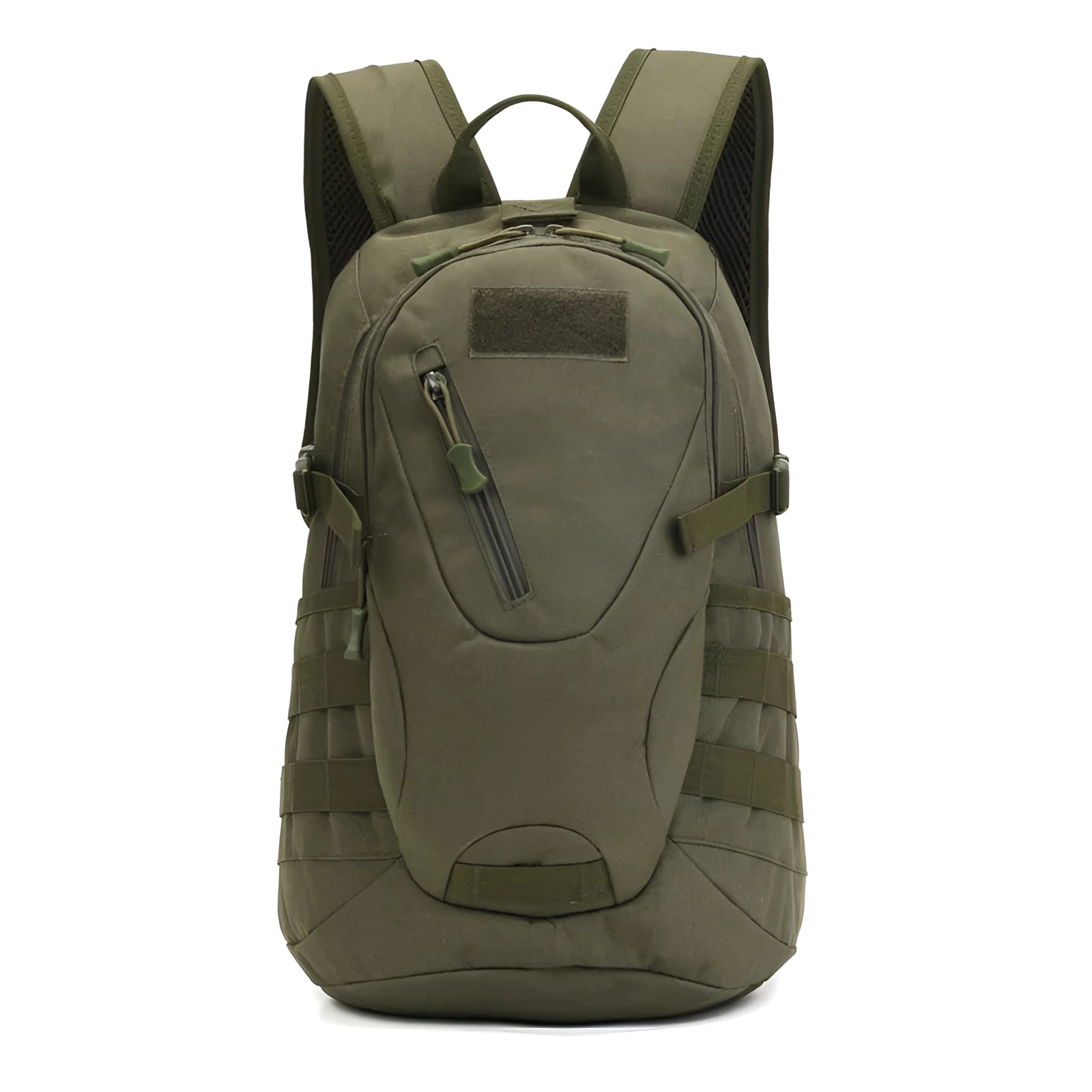 Army green military-grade tactical backpack with USB charger, featuring durable construction suitable for outdoor use.