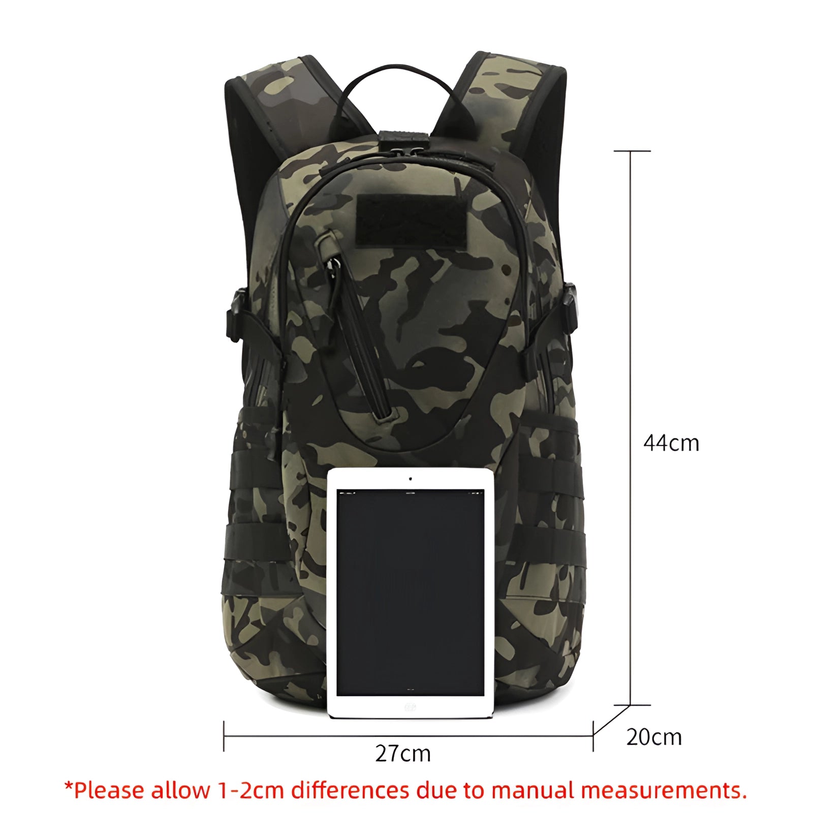 Military-grade tactical backpack with USB charger, durable design featuring multiple compartments, camouflage pattern, and rugged outerwear materials, ideal for outdoor use and travel.