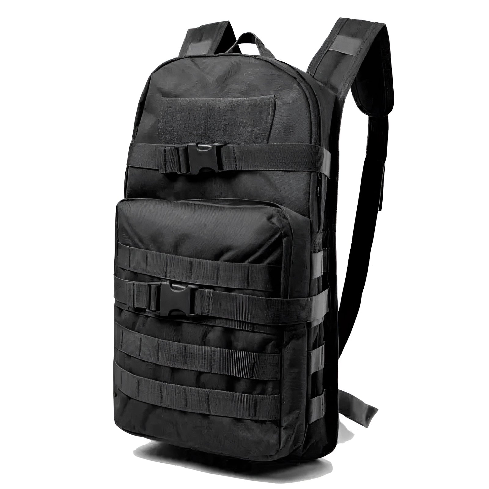 Military tactical backpack in electric blue featuring a durable, water-resistant design with multiple pockets and MOLLE straps, shown in a travel setting.