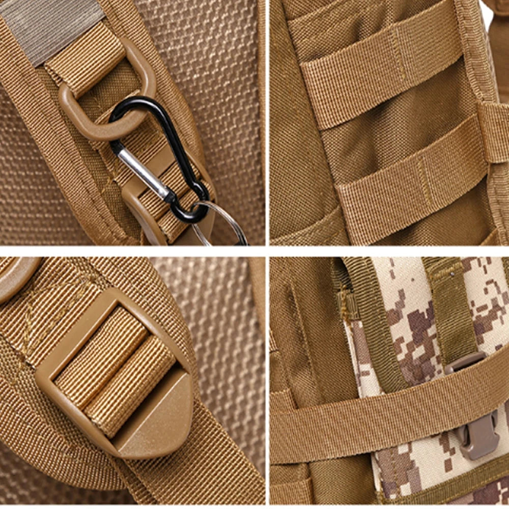 Military tactical backpack in khaki brown featuring multiple pockets and MOLLE webbing, designed with durable, water-resistant material suitable for outdoor and tactical use.