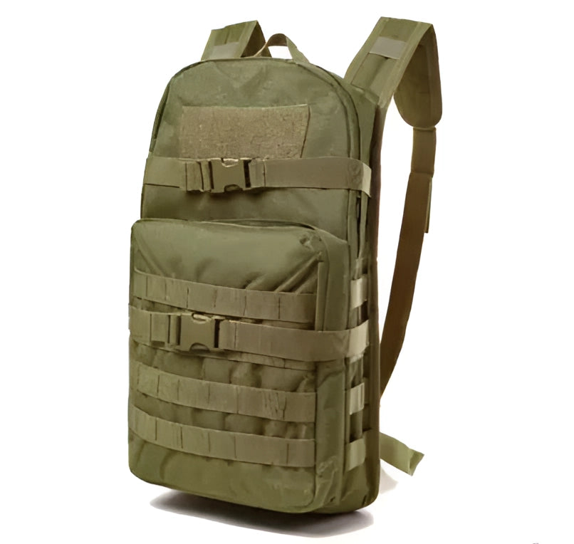 Army green military tactical backpack with MOLLE webbing, multiple pockets, and adjustable straps, featuring a durable and water-resistant design.