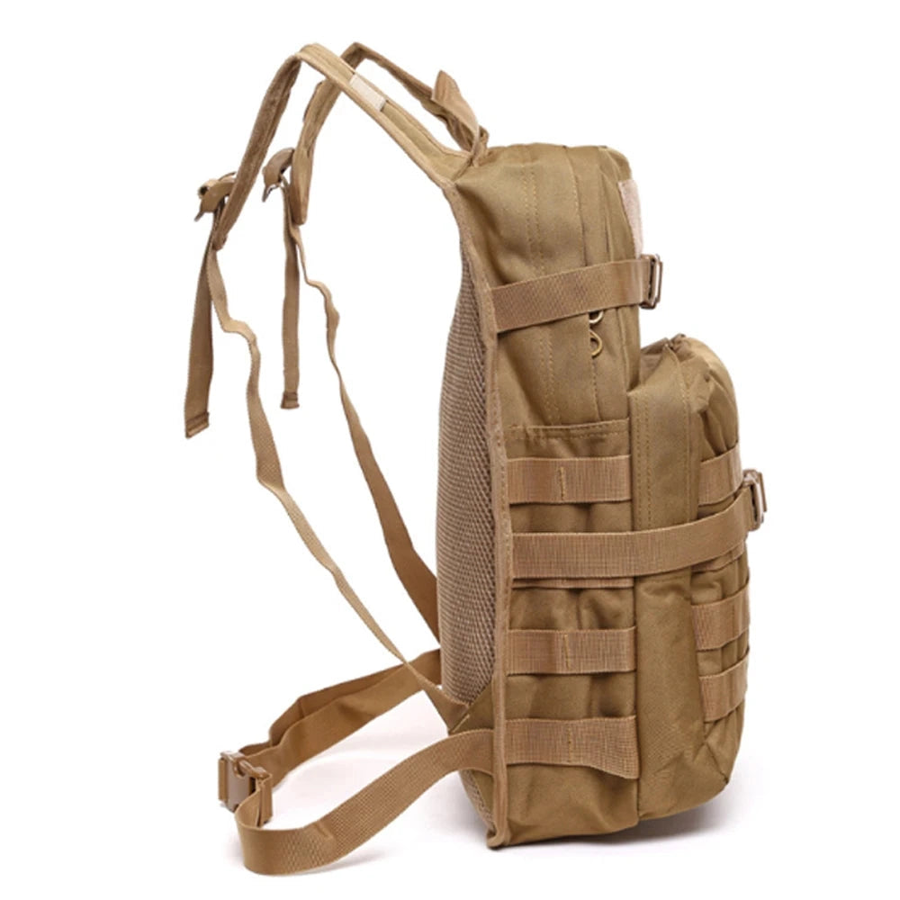 Durable military tactical backpack in beige with multiple pockets, MOLLE webbing, and adjustable straps, designed for carrying personal items securely, featuring metal and leather accents.