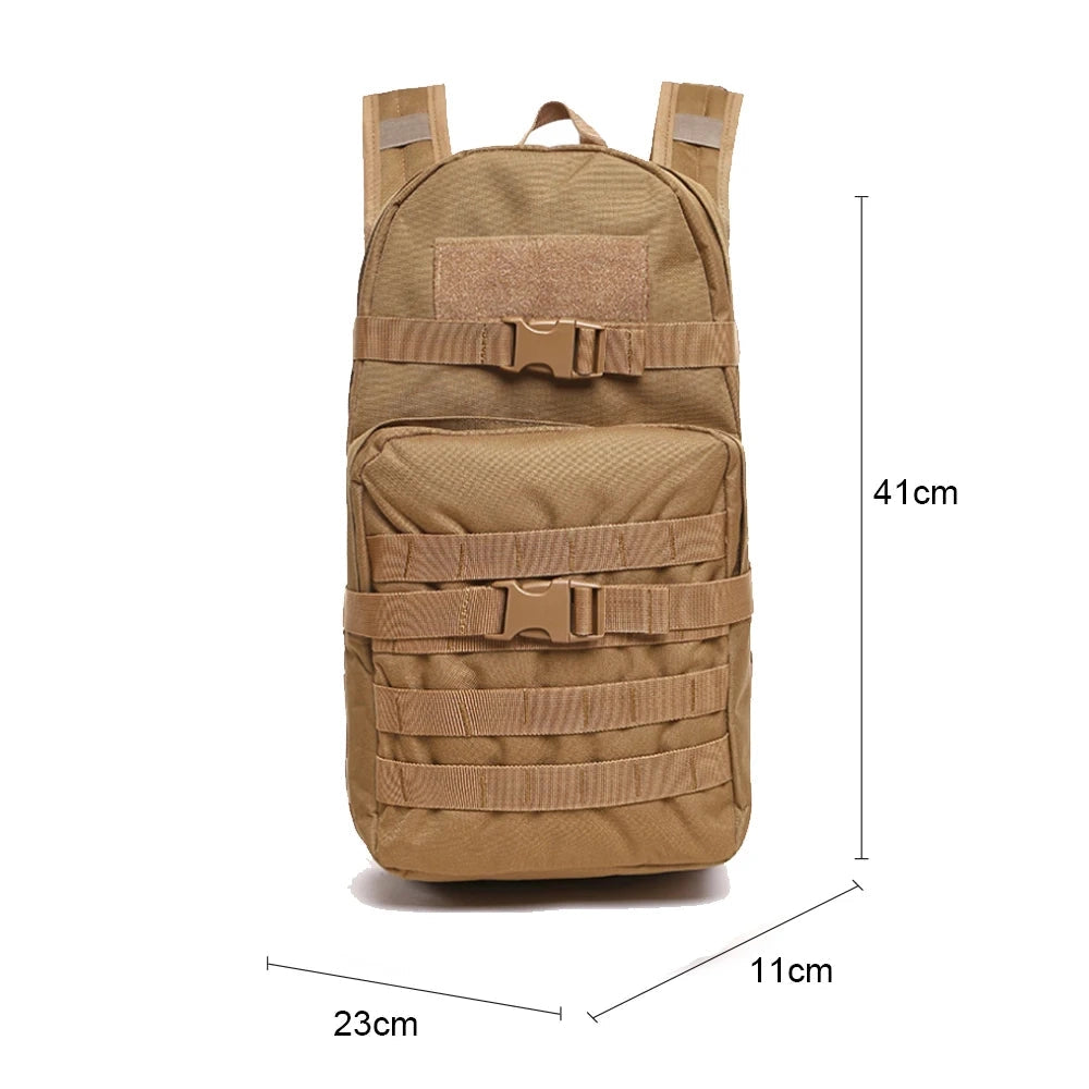 Military tactical backpack in brown, featuring a durable design with MOLLE webbing, water-resistant fabric, and multiple pockets, placed on a wooden floor.