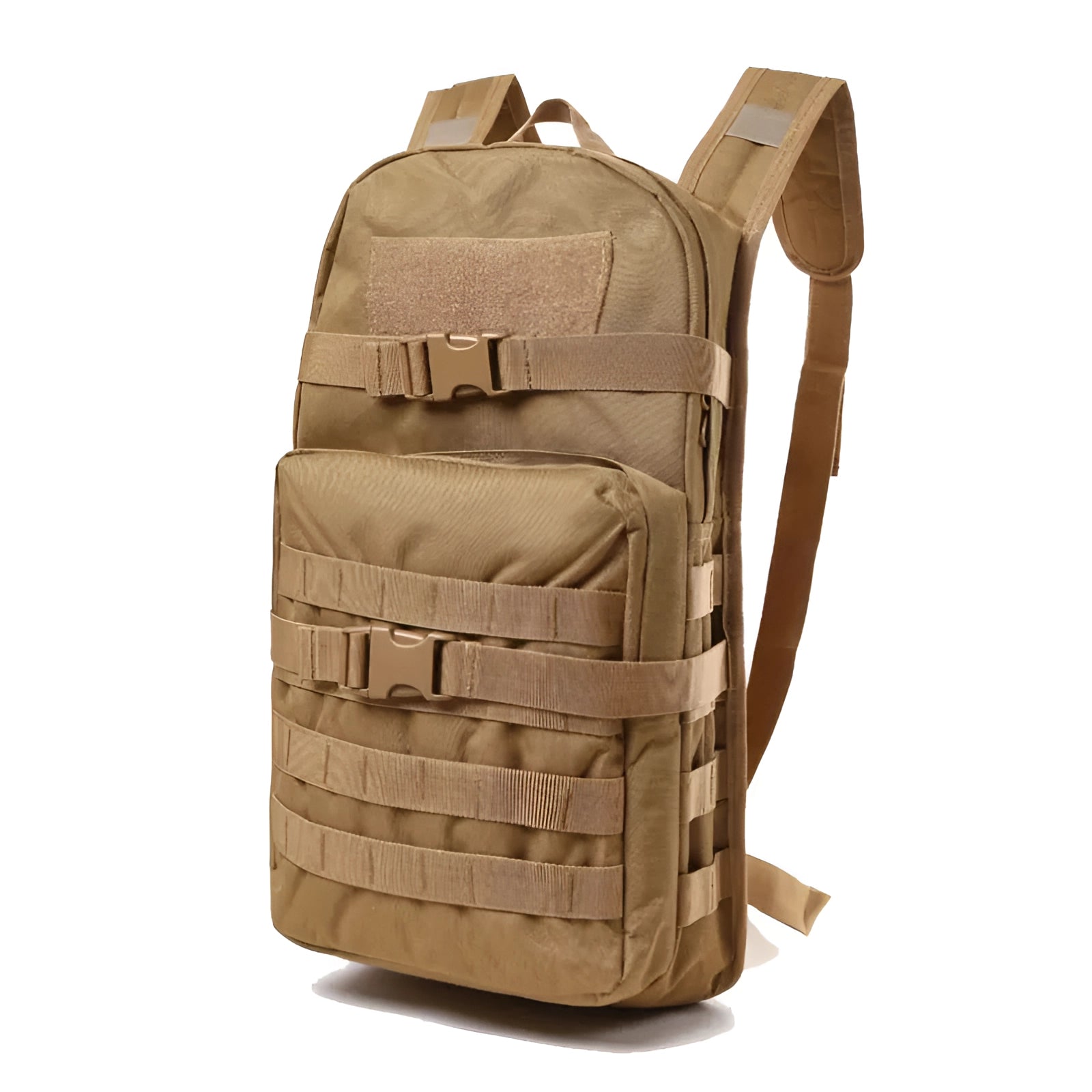 Khaki military tactical backpack with multiple pockets, featuring durable MOLLE webbing and water-resistant material.