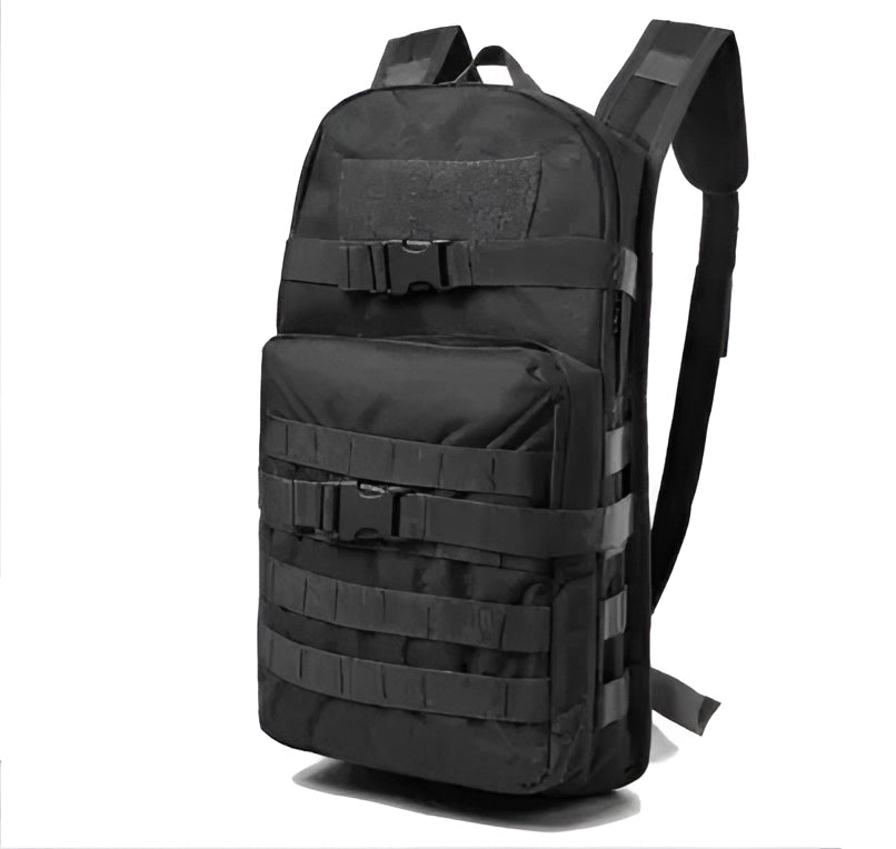 Black military tactical backpack with multiple pockets, durable MOLLE webbing, water-resistant material, and adjustable straps.